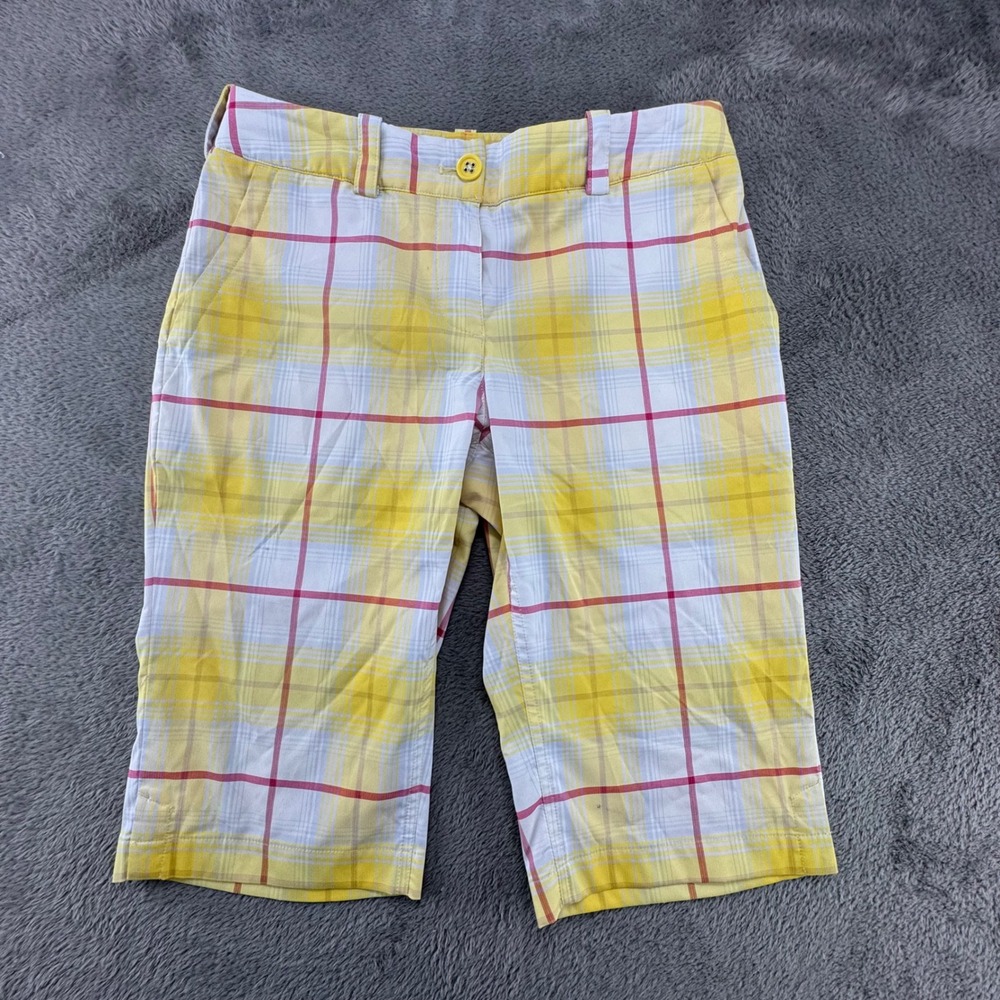 Nike Golf Tour Performance Plaid Shorts Women Size 4 Yellow Pink White Dri-Fit - Picture 2 of 13